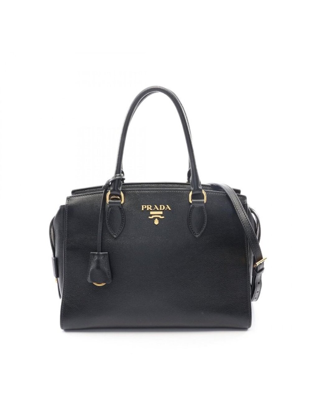 Prada Handbag 2-Way Black Leather Metal Logo Tote